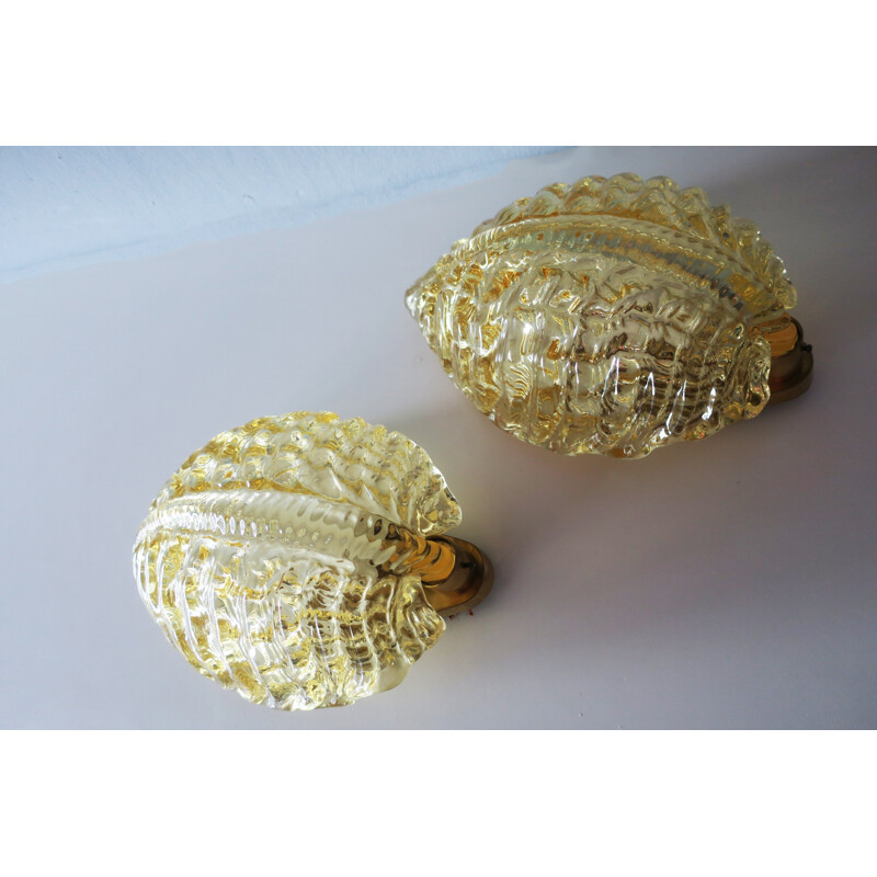 Pair of Turtle-Shaped Orrefors Amber Glass and Brass Sconces - 1960