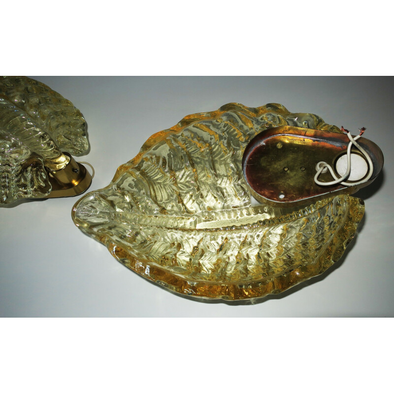 Pair of Turtle-Shaped Orrefors Amber Glass and Brass Sconces - 1960