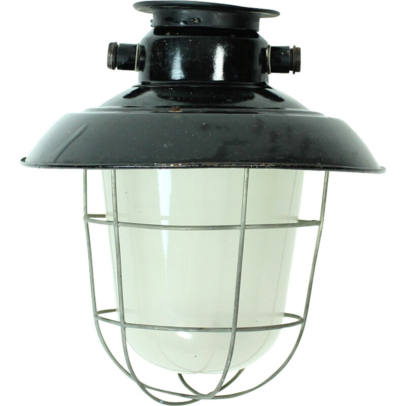 Vintage metal ceiling light in industrial black enamel finish, Czech Republic 1950