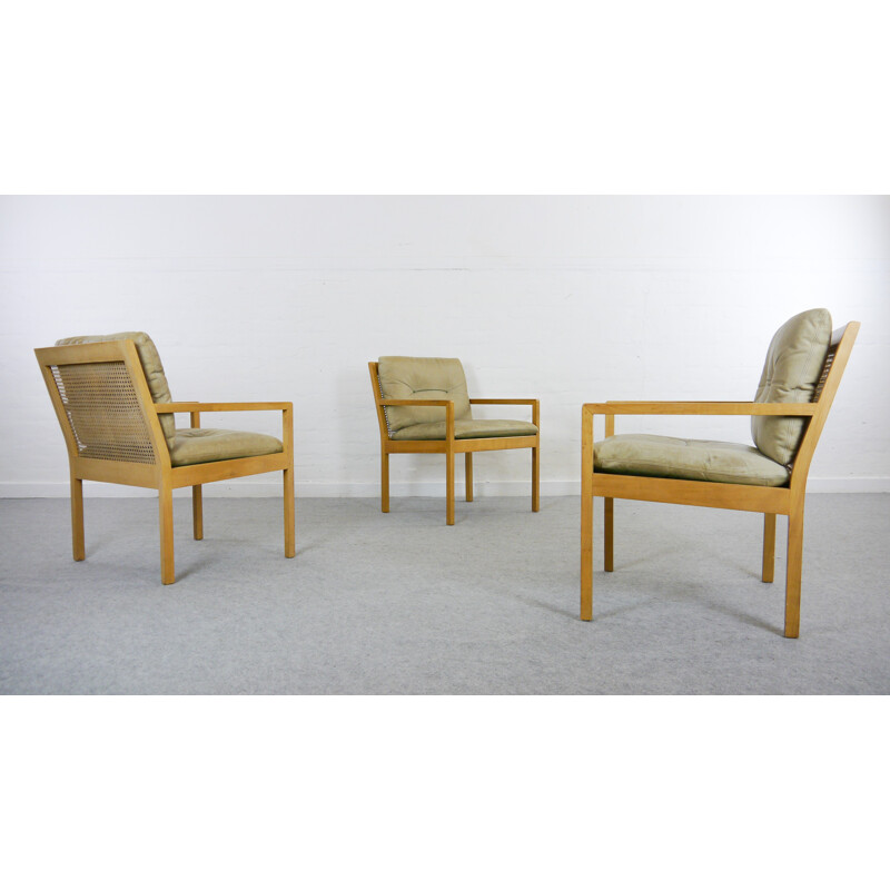 Set of 3 Leather Easy Chairs with network by Bernt Petersen - 1970s