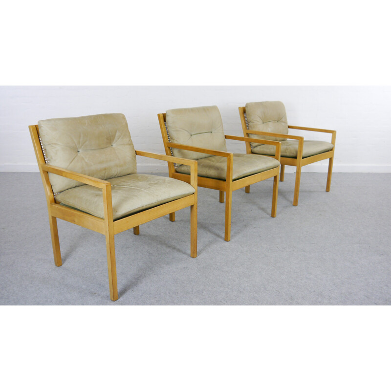 Suite de 3 fauteuils en cuir avec couture de Bernt Petersen - 1970