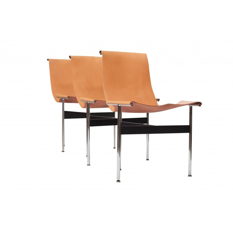 3 T-Chairs In Natural Cognac Leather by Laverne International - 1970s