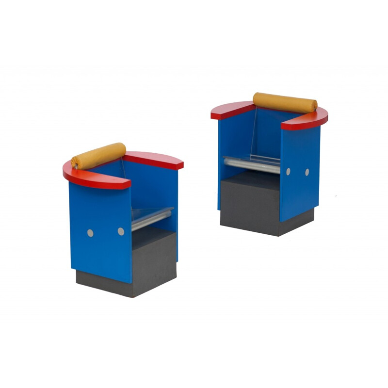 Pair Of Unusual, Blue, Red And Yellow Memphis Chairs, Sottsass - 1980