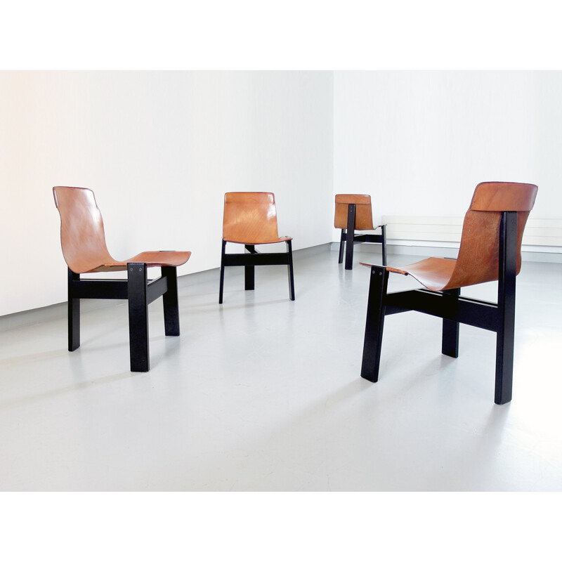 Set of 4 Original Tre 3 Dining Chairs in Cognac Leather by Angelo Mangiarotti - 1978