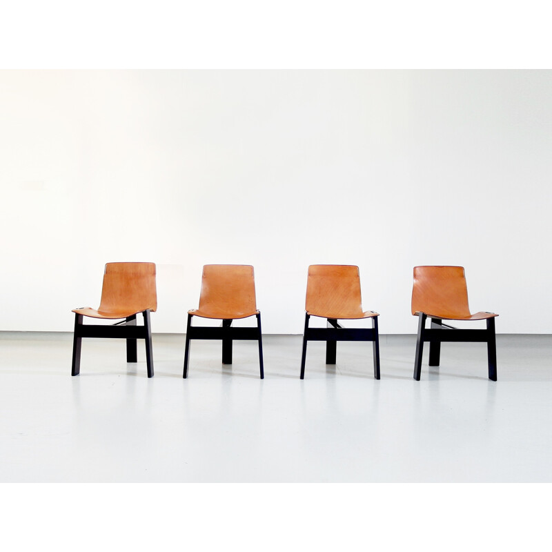 Set of 4 Original Tre 3 Dining Chairs in Cognac Leather by Angelo Mangiarotti - 1978