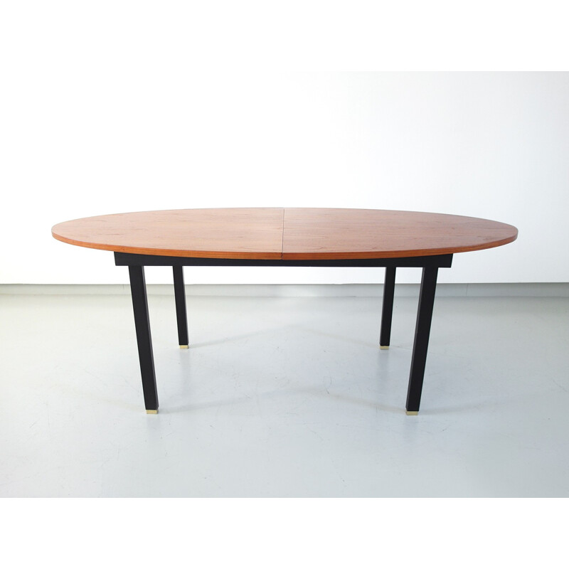 Extendable Oval Dining Table with Teak top and brass feet, Belgium - 1960s