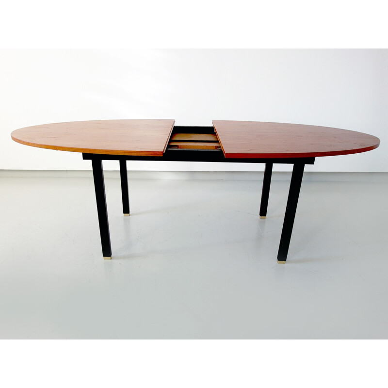 Extendable Oval Dining Table with Teak top and brass feet, Belgium - 1960s