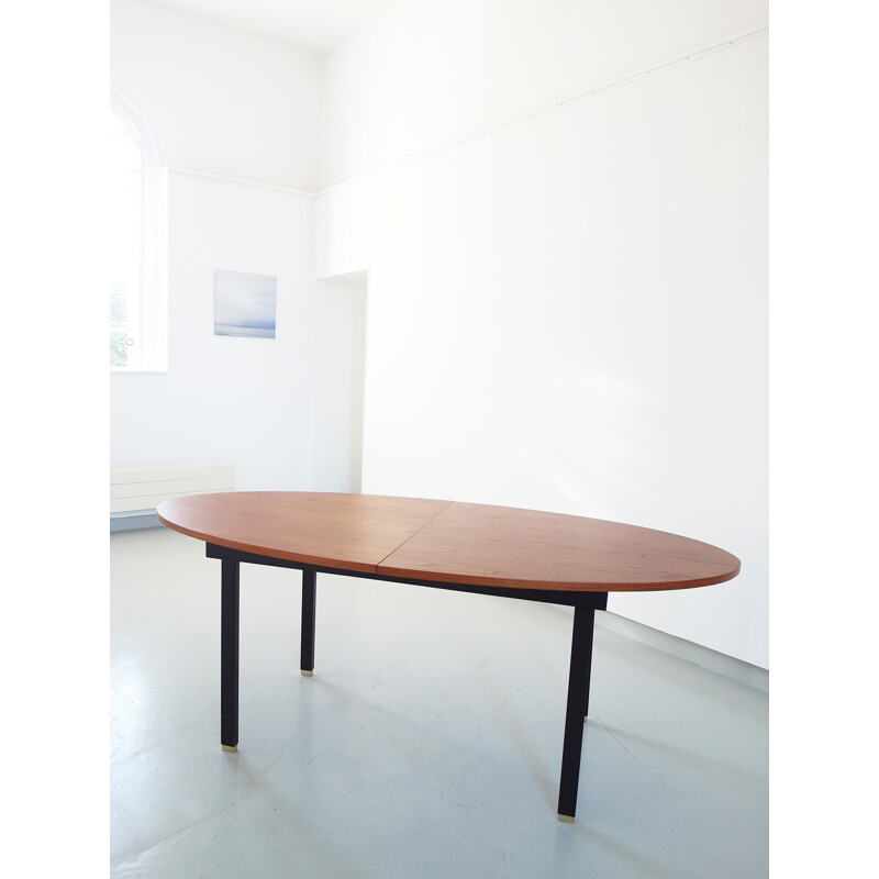 Extendable Oval Dining Table with Teak top and brass feet, Belgium - 1960s