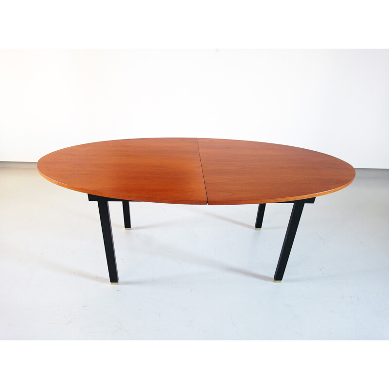 Extendable Oval Dining Table with Teak top and brass feet, Belgium - 1960s