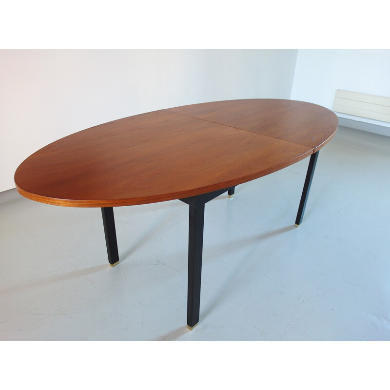 Extendable Oval Dining Table with Teak top and brass feet, Belgium - 1960s