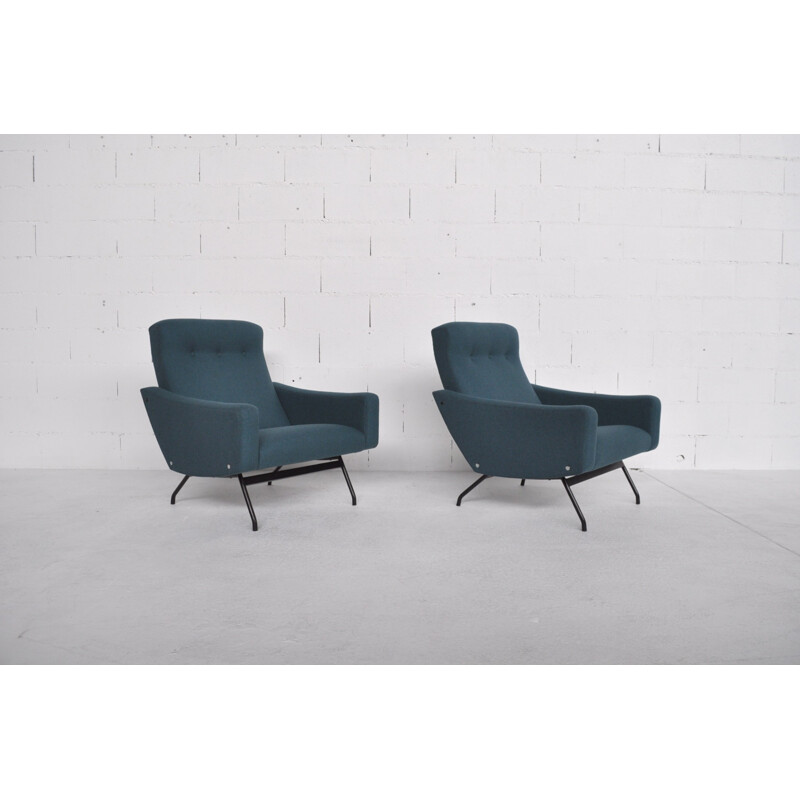 Pair of blue armchairs, Joseph André MOTTE - 1950s