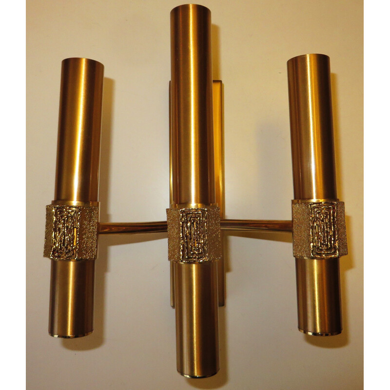 Triple light sculpted brass sconce by Angelo Brotto for Esperia - 1970s