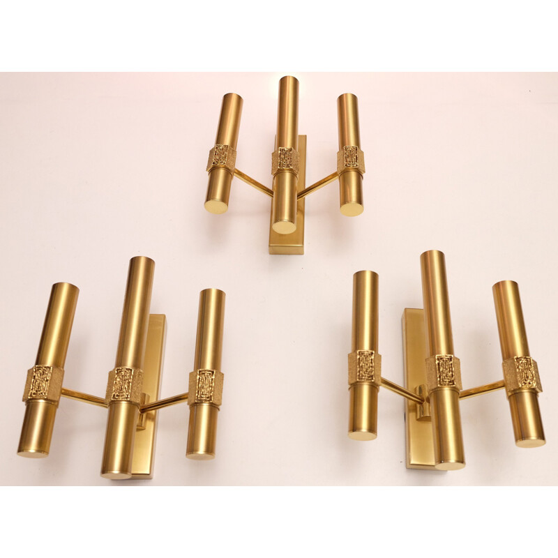 Triple light sculpted brass sconce by Angelo Brotto for Esperia - 1970s