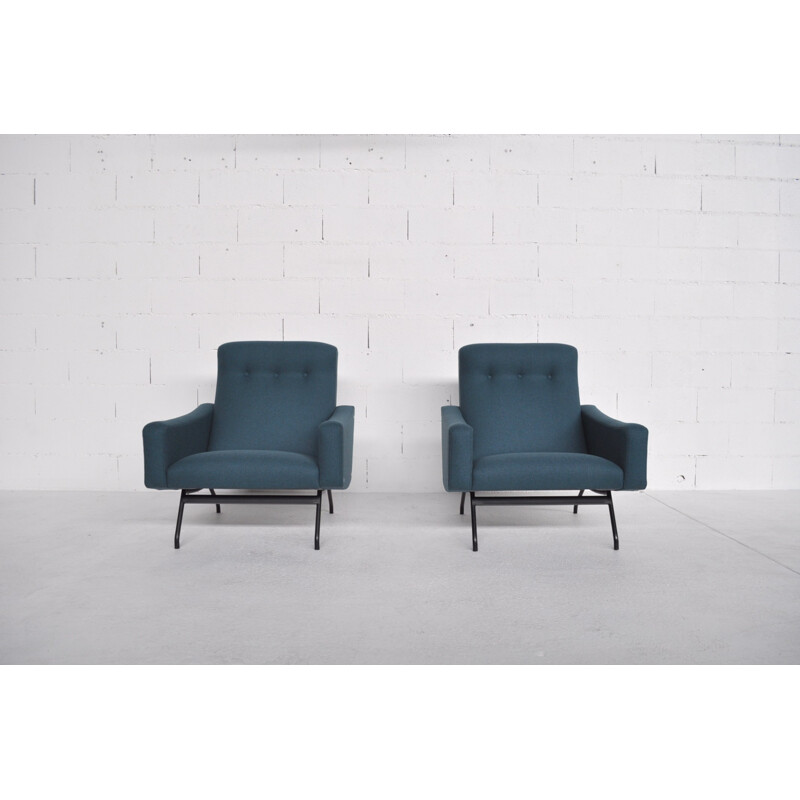 Pair of blue armchairs, Joseph André MOTTE - 1950s