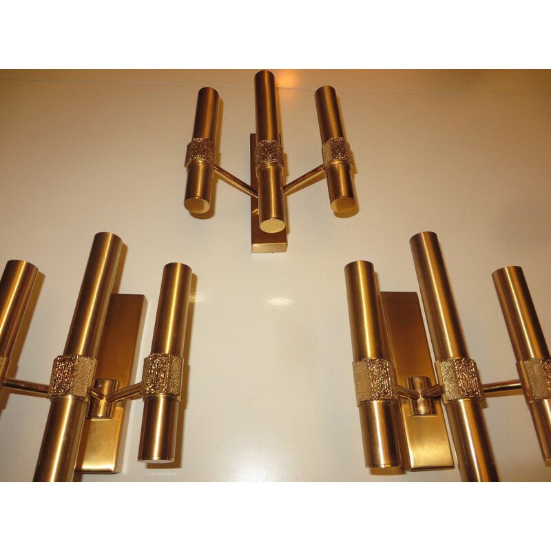 Triple light sculpted brass sconce by Angelo Brotto for Esperia - 1970s