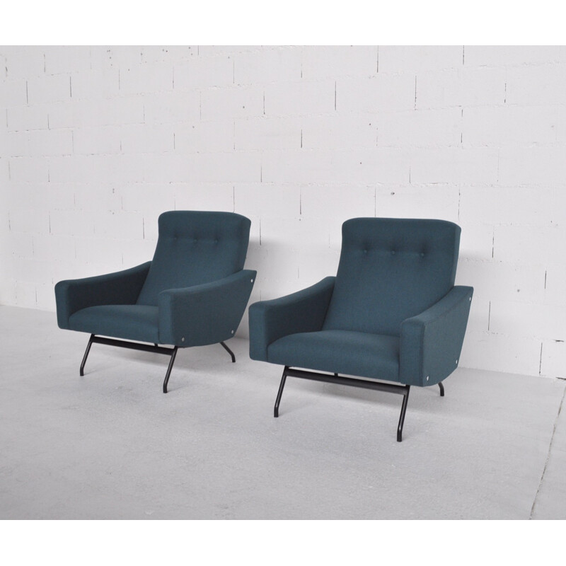 Pair of blue armchairs, Joseph André MOTTE - 1950s