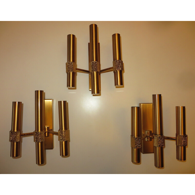 Triple light sculpted brass sconce by Angelo Brotto for Esperia - 1970s