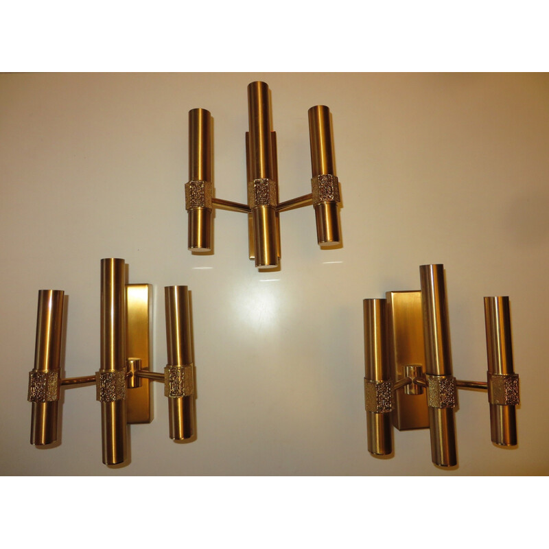 Triple light sculpted brass sconce by Angelo Brotto for Esperia - 1970s