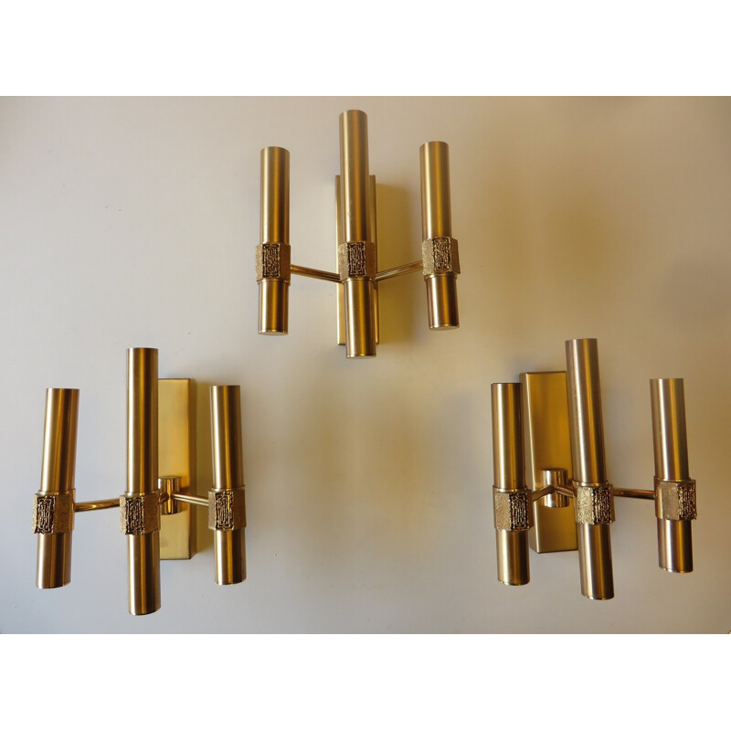 Triple light sculpted brass sconce by Angelo Brotto for Esperia - 1970s