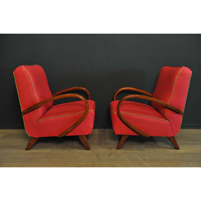 Pair of raspberry-pink armchairs, Jindrich HALABALA - 1940s