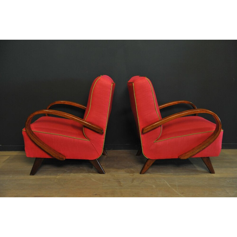 Pair of raspberry-pink armchairs, Jindrich HALABALA - 1940s