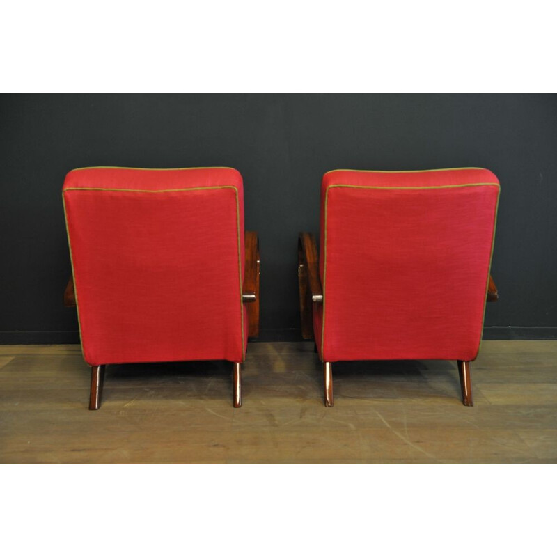 Pair of raspberry-pink armchairs, Jindrich HALABALA - 1940s