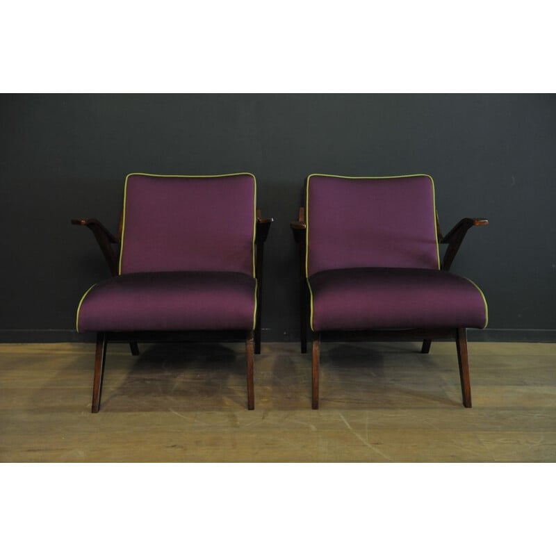 Pair of vintage purple armchairs, 1950