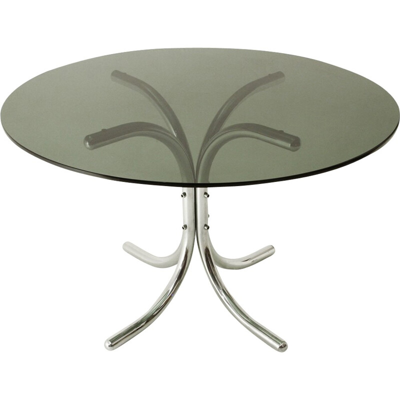 Italian chromed dining table with round glass top - 1970s