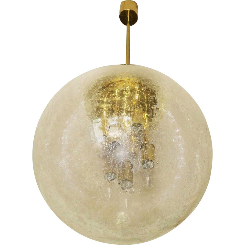 Large Frosted Glass and Brass Globe Pendant by Doria Leuchten - 1960s