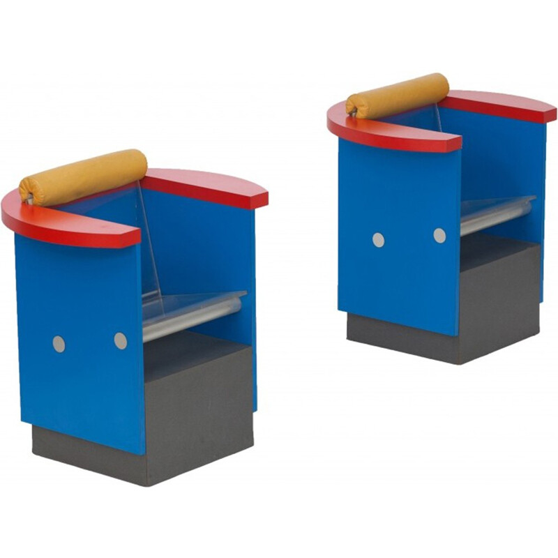 Pair Of Unusual, Blue, Red And Yellow Memphis Chairs, Sottsass - 1980