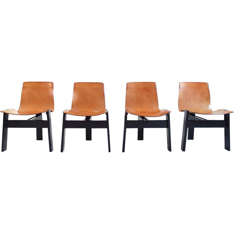 Set of 4 Original Tre 3 Dining Chairs in Cognac Leather by Angelo Mangiarotti - 1978