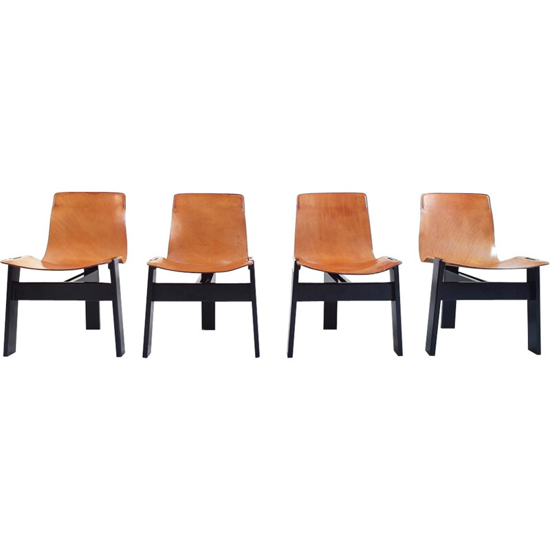 Suite de 4 Chaises à repas Tre 3 authentique en cuir Cognac d'Angelo Mangiarotti, Italie - 1978