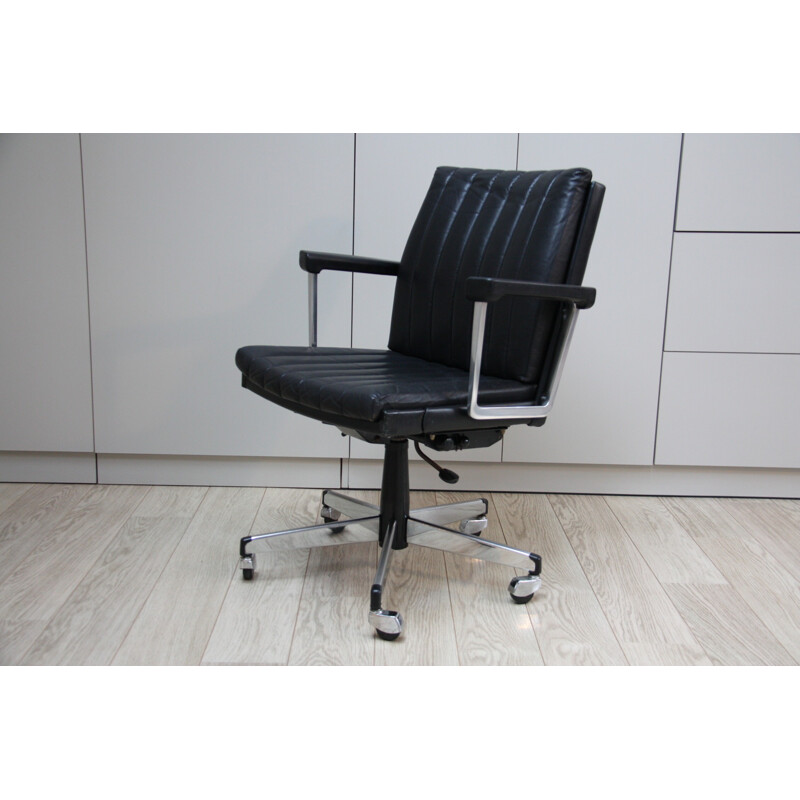 Vintage swivel office chair in black leather - Giroflex Stoll - 1970s