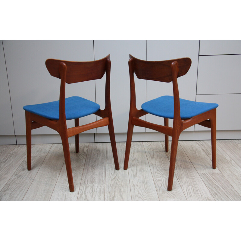 2 vintage dinning chairs in teak & blue wool - Denmark 1960s