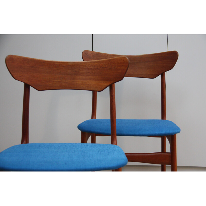 2 vintage dinning chairs in teak & blue wool - Denmark 1960s