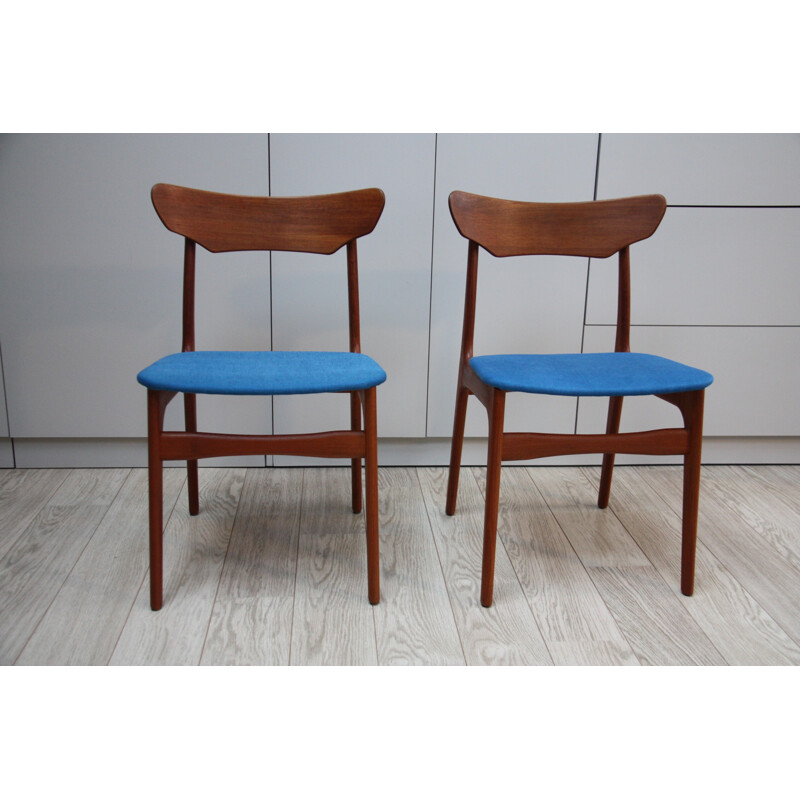 2 vintage dinning chairs in teak & blue wool - Denmark 1960s