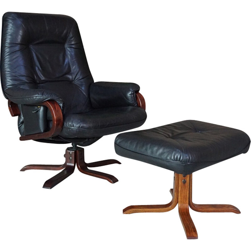 Reclining leather armchair with ottoman - 1970s