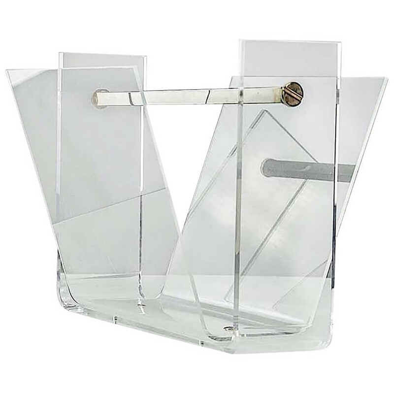 Vintage Thick Lucite and Chrome Steel Magazine Rack - 1970