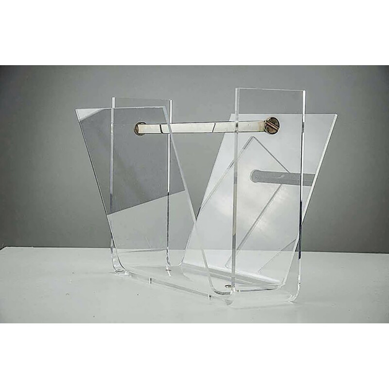 Vintage Thick Lucite and Chrome Steel Magazine Rack - 1970