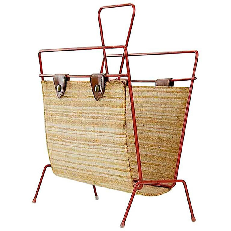 Vintage Straw, Leather and Painted Metal, Midcentury Magazine Rack - 1950