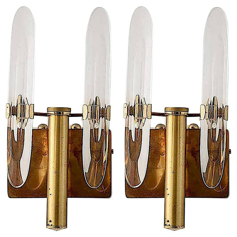 Pair of Brass and Crystal Italian Sconces by Gaetano Sciolari - 1960