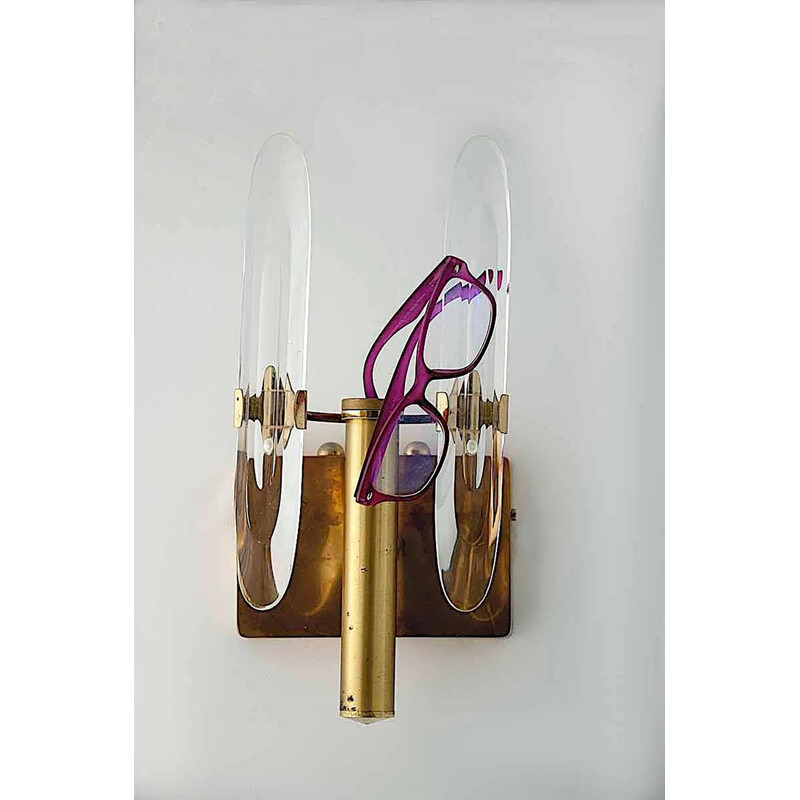 Pair of Brass and Crystal Italian Sconces by Gaetano Sciolari - 1960