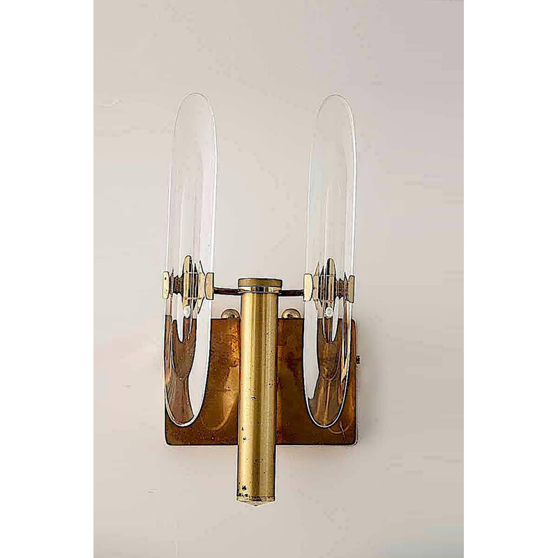 Pair of Brass and Crystal Italian Sconces by Gaetano Sciolari - 1960