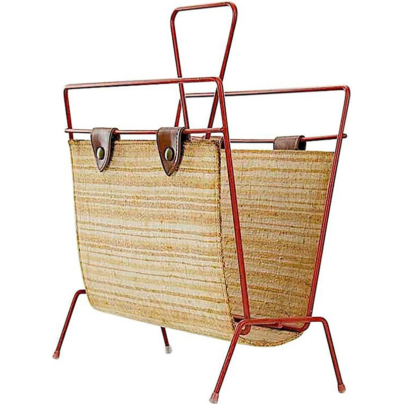 Vintage Straw, Leather and Painted Metal, Midcentury Magazine Rack - 1950