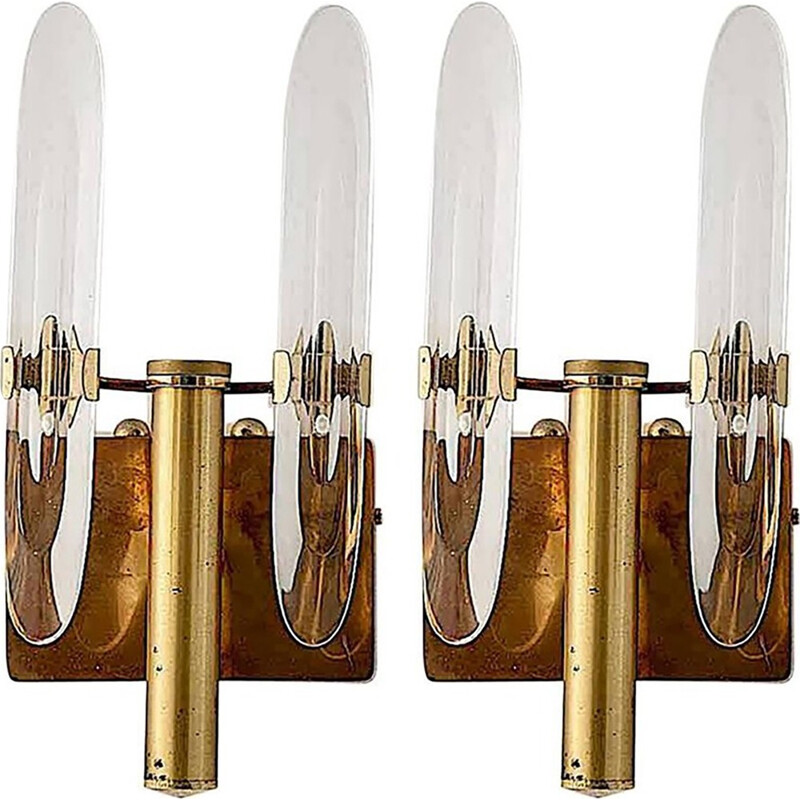 Pair of Brass and Crystal Italian Sconces by Gaetano Sciolari - 1960