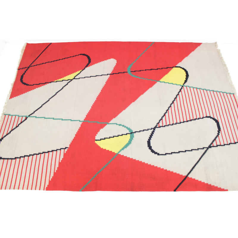 Vintage rood kelim modernistisch tapijt van Antonin Kybal - 1950