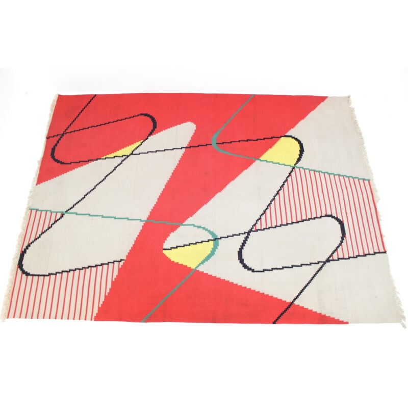 Red crapet Kilim geometric modernist by Antonin Kybal - 1950