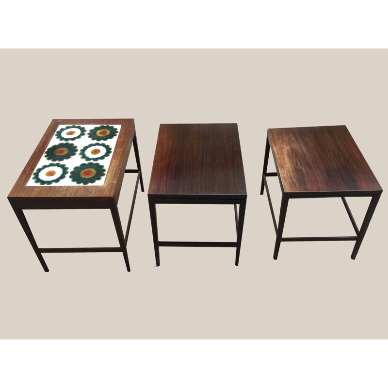 Three nesting tables in rosewood and ceramics - 1960s