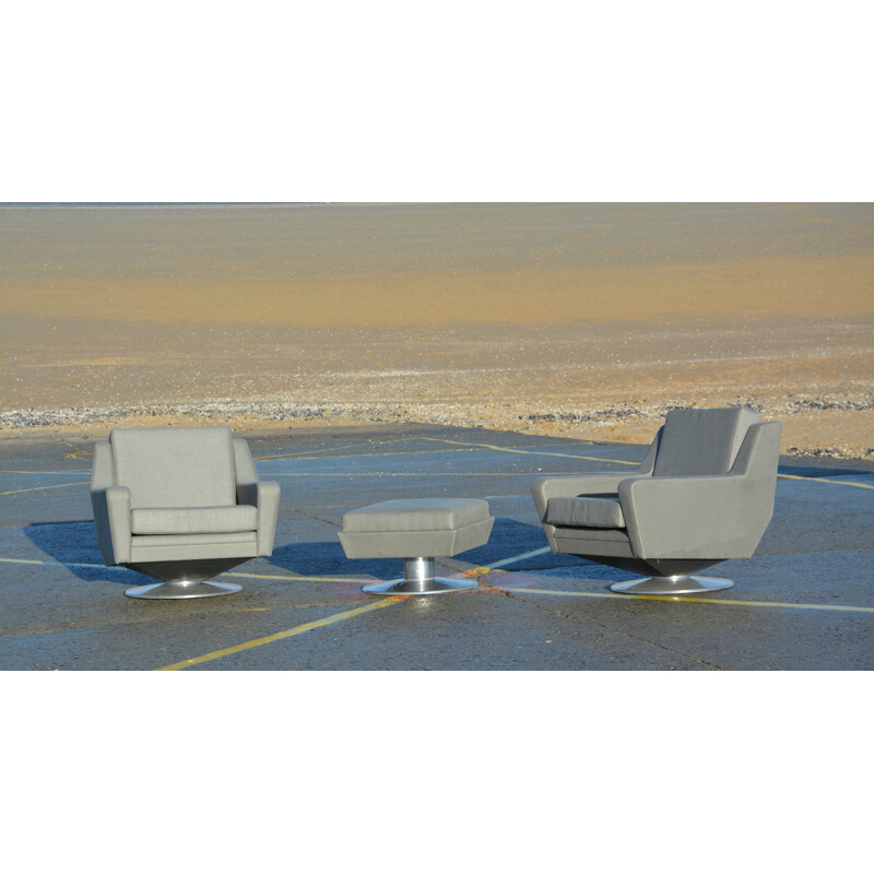 Pair of grey easy chairs and stool "Full confort" Airborne - 1960s