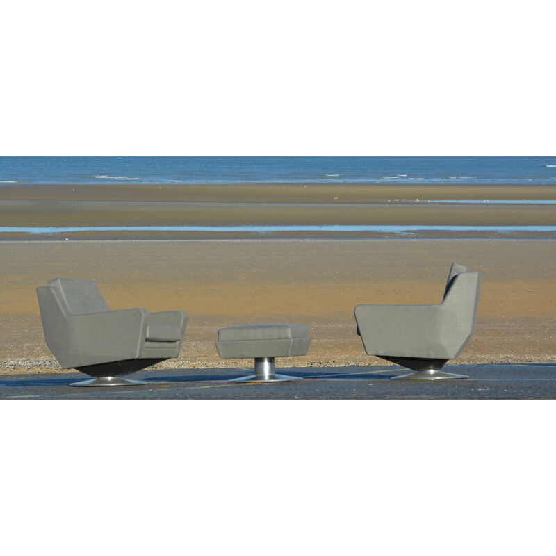 Pair of grey easy chairs and stool "Full confort" Airborne - 1960s